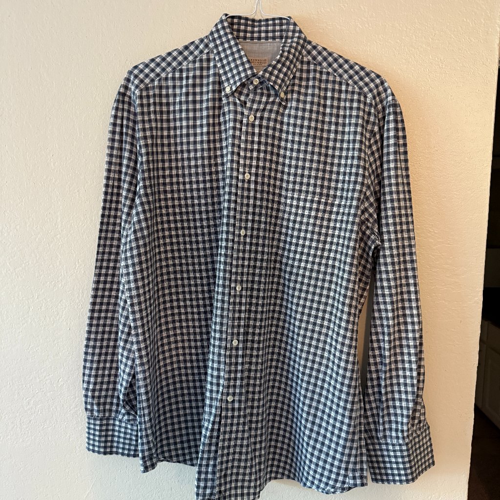 Brunello Cucinelli Men's Dress Shirt Basic Fit Size Xl Black Checkered